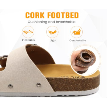 ONCAI Womens Comfortable Sandals Knock Off Clogs Sandals Women Dressy Summer Flat with Arch Support Two Strap Slip On Adjustable Buckle Slides Shoes for Women White Size 7.5