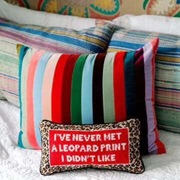 FURBISH Handmade Needlepoint Decorative Throw Pillow - Leopard Print - 8" x 14" - Small Embroidered ...