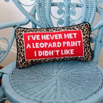 FURBISH Handmade Needlepoint Decorative Throw Pillow - Leopard Print - 8" x 14" - Small Embroidered Accent Pillow for Bed, Chair, Couch, Sofa - Aesthetic Room Decor