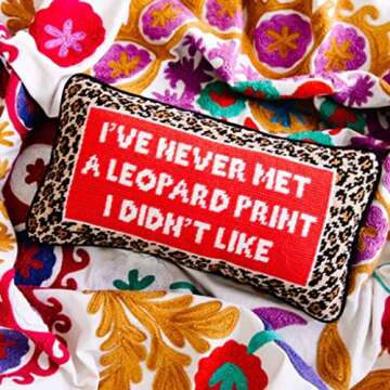 FURBISH Handmade Needlepoint Decorative Throw Pillow - Leopard Print - 8" x 14" - Small Embroidered Accent Pillow for Bed, Chair, Couch, Sofa - Aesthetic Room Decor