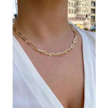 AILPIWE 18K Gold Plated Paperclip Chain Necklace for Women Gold Paperclip Link Chain Necklace for Women 16 Inches