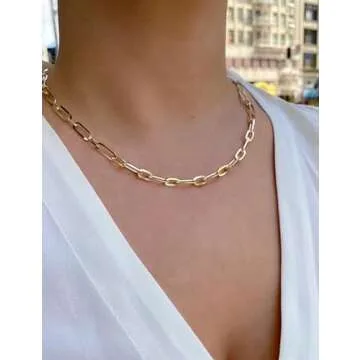 AILPIWE 18K Gold Plated Paperclip Chain Necklace for Women Gold Paperclip Link Chain Necklace for Women 16 Inches