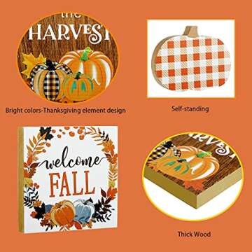 3 Pieces Fall Wooden Signs Welcome Fall Tabletop Signs Thanksgiving Harvest Pumpkin Table Standups Fall Harvest Plaid Wood Block Tiered Tray Decorations for Home Farmhouse Tabletop (Fresh Style)