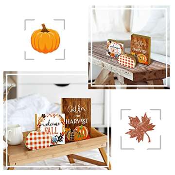 3 Pieces Fall Wooden Signs Welcome Fall Tabletop Signs Thanksgiving Harvest Pumpkin Table Standups Fall Harvest Plaid Wood Block Tiered Tray Decorations for Home Farmhouse Tabletop (Fresh Style)