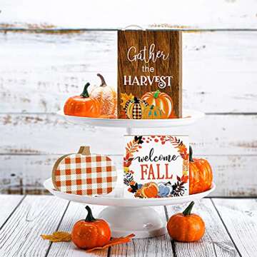 3 Pieces Fall Wooden Signs Welcome Fall Tabletop Signs Thanksgiving Harvest Pumpkin Table Standups Fall Harvest Plaid Wood Block Tiered Tray Decorations for Home Farmhouse Tabletop (Fresh Style)