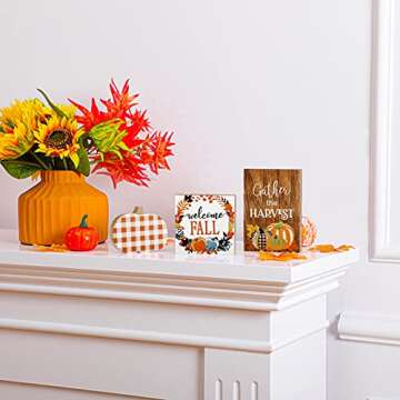 3 Pieces Fall Wooden Signs Welcome Fall Tabletop Signs Thanksgiving Harvest Pumpkin Table Standups Fall Harvest Plaid Wood Block Tiered Tray Decorations for Home Farmhouse Tabletop (Fresh Style)
