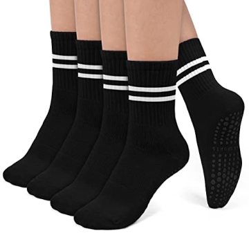 Stylish Pilates Socks with Grips - Non-Slip Yoga Athletic Socks for Women, 4 Pairs