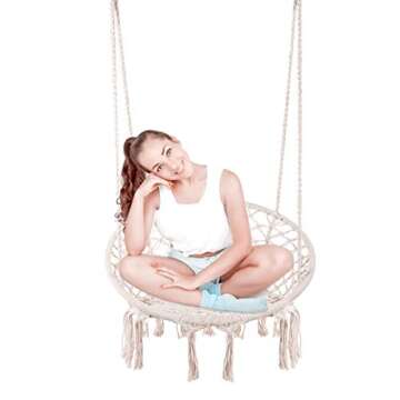 Caromy Hammock Chair Macrame Swing, Hanging Lounge Mesh Chair Durable Cotton Rope Swing for Bedroom, Patio, Garden, Deck, Yard, Max Capacity 265 Lbs (Beige)
