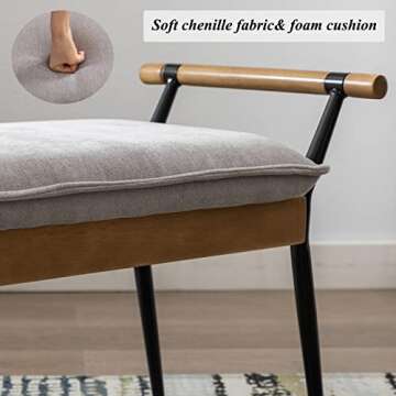 DUOMAY Modern Rectangle Ottoman Bench with Arms and Metal Legs, Mid Century Chenille Fabric Dining Table Bench Footstool Entryway Shoe Bench for Dining Room Bedroom Living Room, Grey