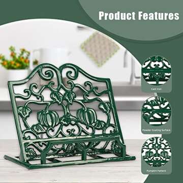 MINLUFUL Vintage Cookbook Stand, Durable Wrought Cast Iron Recipe Book Holder for Kitchen Counter, L...