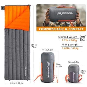 BISINNA 1.72lbs Ultralight Down Sleeping Bag - Ideal for Camping and Hiking