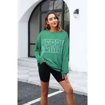 Women Merry Shirt Christmas Long Sleeve Shirt Merry Letter Print Pullover Holiday Sweatshirt Xmas Gifts Pullover Top Green