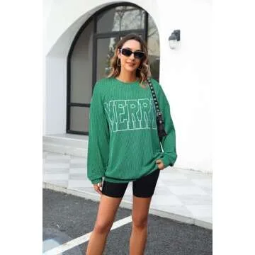 Women Merry Shirt Christmas Long Sleeve Shirt Merry Letter Print Pullover Holiday Sweatshirt Xmas Gifts Pullover Top Green