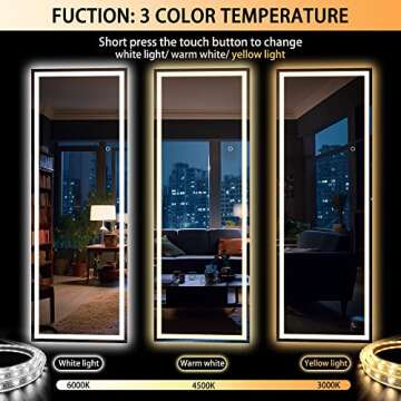 Hasipu Full Length Mirror with Lights, 67" x 22" LED Lighted Floor Standing Mirror, Full Body Dressing Hanging Mounted Mirror, Dimmable, Tempered Glass, Safe to Use, Square White