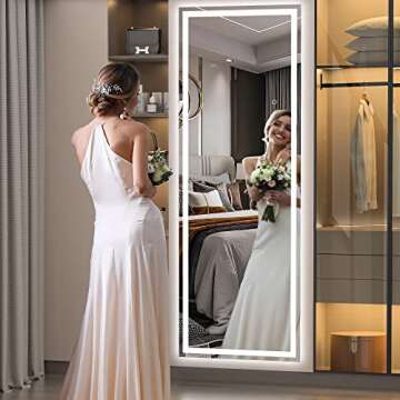 Hasipu Full Length Mirror with Lights, 67" x 22" LED Lighted Floor Standing Mirror, Full Body Dressing Hanging Mounted Mirror, Dimmable, Tempered Glass, Safe to Use, Square White