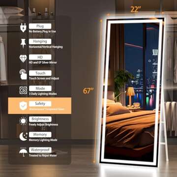 Hasipu Full Length Mirror with Lights, 67" x 22" LED Lighted Floor Standing Mirror, Full Body Dressing Hanging Mounted Mirror, Dimmable, Tempered Glass, Safe to Use, Square White