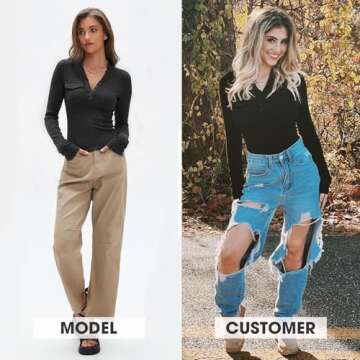 EXLURA Women's 2025 Spring Long Sleeve Henley T Shirts Button Ribbed Knit Slim Fit Casual Basic Tops...