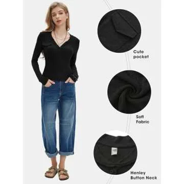 EXLURA Women's 2025 Fall Henley T-Shirt - Slim Fit