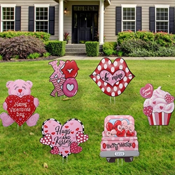 Mudder 6 Pieces Valentine's Day Yard Signs with Lawn Stakes - Cute, Durable Decor