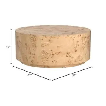 Meridian Furniture 270-C Burl Collection Mid-Century Modern Coffee Table with Ash Burl Wood, Curved Art Deco Design, 36" W x 36" D x 15" H, Natural