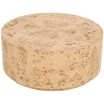 Meridian Furniture 270-C Burl Collection Mid-Century Modern Coffee Table with Ash Burl Wood, Curved Art Deco Design, 36" W x 36" D x 15" H, Natural