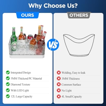 DaJi-U Plastic Ice Bucket for Parties, 15Liter / 4 Gallon Extra Large Clear Beverage Tub for Champagne Beer Drink Wine Cocktails, LED Light Up, Leakproof