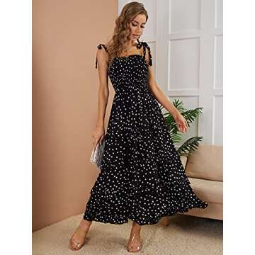 R.Vivimos Women's Summer Straps Cotton Irregular Polka Dot Ruffles Midi Dress (Small, Black#2)