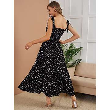 R.Vivimos Women's Summer Straps Cotton Irregular Polka Dot Ruffles Midi Dress (Small, Black#2)