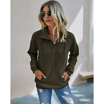 PRETTYGARDEN Women's Casual Long Sleeve Lapel Zipper Sweatshirt - Stylish Pullover Top in Army Green
