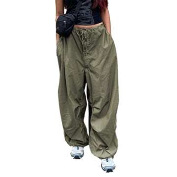 WOBONIU Women Low Waist Baggy Cargo Pants Indie Aesthetic Drawstring Loose Pocket Jogger Trousers Hippie Punk Streetwear (C Green, S)