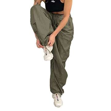 WOBONIU Women Low Waist Baggy Cargo Pants Indie Aesthetic Drawstring Loose Pocket Jogger Trousers Hippie Punk Streetwear (C Green, S)