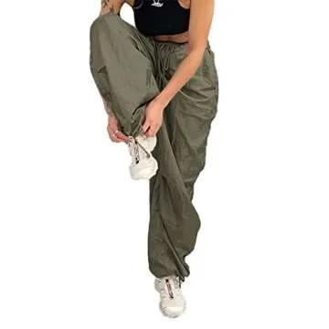 WOBONIU Women Low Waist Baggy Cargo Pants Indie Aesthetic Drawstring Loose Pocket Jogger Trousers Hippie Punk Streetwear (C Green, S)