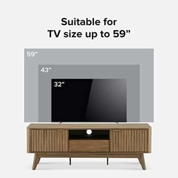 mopio Brooklyn Mid-Century Modern TV Stand, for TVs up to 50” / 59" Waveform Panel, Sleek Curved Profile with Adjustable Shelf and Sturdy Box Frame Leg (Natural Walnut, 57")