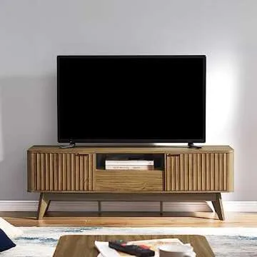 mopio Brooklyn Mid-Century Modern TV Stand, for TVs up to 50” / 59" Waveform Panel, Sleek Curved Profile with Adjustable Shelf and Sturdy Box Frame Leg (Natural Walnut, 57")