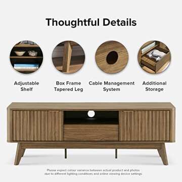 mopio Brooklyn Mid-Century Modern TV Stand, for TVs up to 50” / 59" Waveform Panel, Sleek Curved Profile with Adjustable Shelf and Sturdy Box Frame Leg (Natural Walnut, 57")