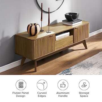 mopio Brooklyn Mid-Century Modern TV Stand, for TVs up to 50” / 59" Waveform Panel, Sleek Curved Profile with Adjustable Shelf and Sturdy Box Frame Leg (Natural Walnut, 57")