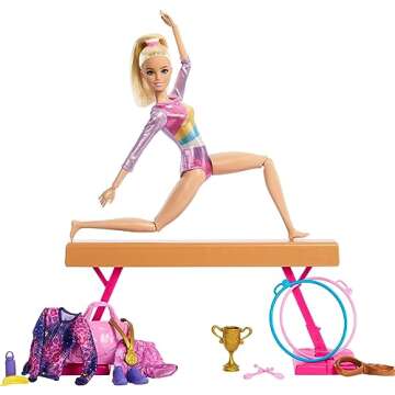 Barbie Careers Playset, Gymnastics Set with Blonde Gymnast Fashion Doll, C-Clip for Flipping Action, Balance Beam, Warm-Up Suit & Accessories