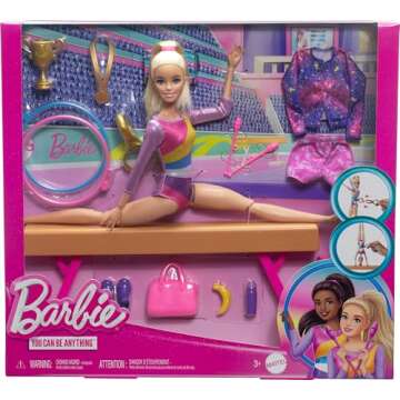 Barbie Careers Playset, Gymnastics Set with Blonde Gymnast Fashion Doll, C-Clip for Flipping Action, Balance Beam, Warm-Up Suit & Accessories