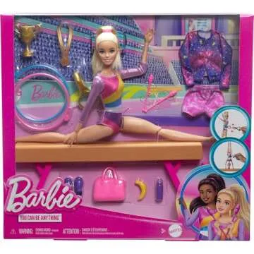 Barbie Careers Playset, Gymnastics Set with Blonde Gymnast Fashion Doll, C-Clip for Flipping Action, Balance Beam, Warm-Up Suit & Accessories