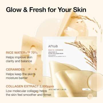 ANUA Rice 70 Glow Collagen Mask, Overnight Face Mask for Glass Skin, Ceramide, Collagen Facial Mask, Skin Moisture Barrier, Tightening Care, Natural Color, Korean Skin Care (38g, 4ea)