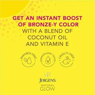 Jergens Natural Glow Instant Sun Sunless Tanning Moisturizer + Bronzer, Self Tanner, Deep Bronze, for Natural-Looking Tan, 6 Ounce