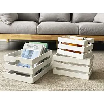 EMAX HOME Rustic Wood Crates for vintage decorative display, wooden crates decorative with Handles, wooden boxes made from 100% Wood,white crates wooden,Decorative Wood Crates(Nested Set of 3)