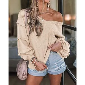 BTFBM Women’s V Neck Long Sleeve Blouse Loose Fit Tunics Ruffles Off Shoulder Waffle Knit Solid Color Tops Fall Tee Shirts(Solid Apricot,Small)