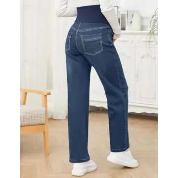 fitglam Women's Maternity Jeans Straight Leg Relaxed Fit Over Belly Pregnancy Denim Work Pants Maternity Clothes with Pockets