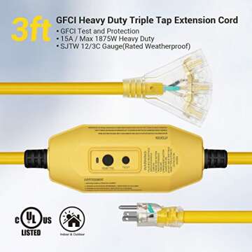 DEWENWILS 3 FT Outdoor GFCI Extension Cord Manual, 12/3 Gauge Extension Cord for Multiple Appliances...