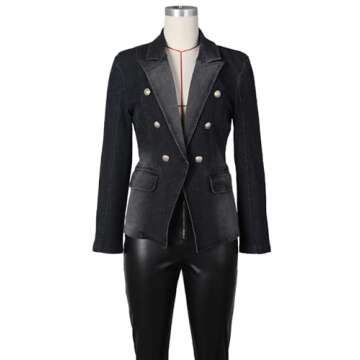 Angsuttc Denim Jacket for Women Causal Work Long Sleeve Double Breasted Jean Blazers with Gold Buttons Black S