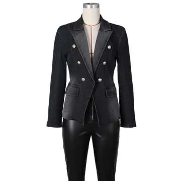 Angsuttc Denim Jacket for Women Causal Work Long Sleeve Double Breasted Jean Blazers with Gold Buttons Black S