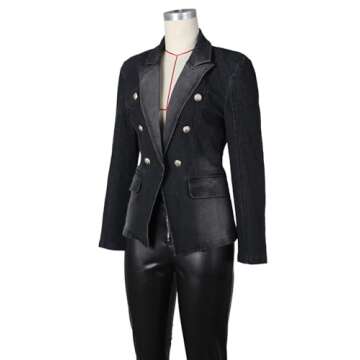 Angsuttc Denim Jacket for Women Causal Work Long Sleeve Double Breasted Jean Blazers with Gold Buttons Black S
