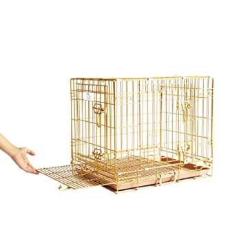 HOMEY PET 24" Gold Color Folding Design Dog Crate Puppy Ertra Small Breed Dog Kennels with Removable Floor Grid and Pull Out Tray, Dog Cage Copper Gold Finish