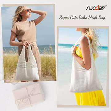 SUOSDEY Crochet Mesh Beach Tote Bag, Summer Vacation Aesthetic Knit Boho Bag for Women,white